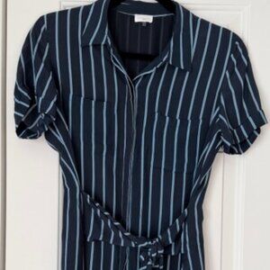 Navy blue shirt dress with self-tie